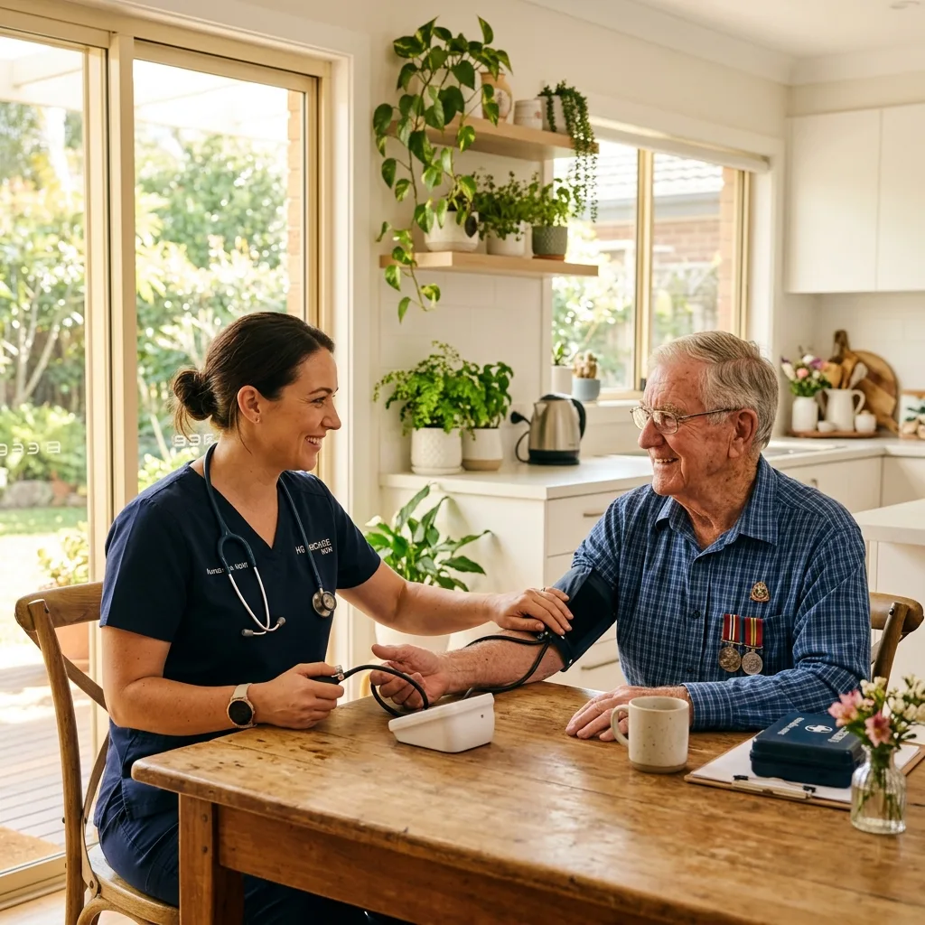 Nurse taking blood pressure of a veteran at home